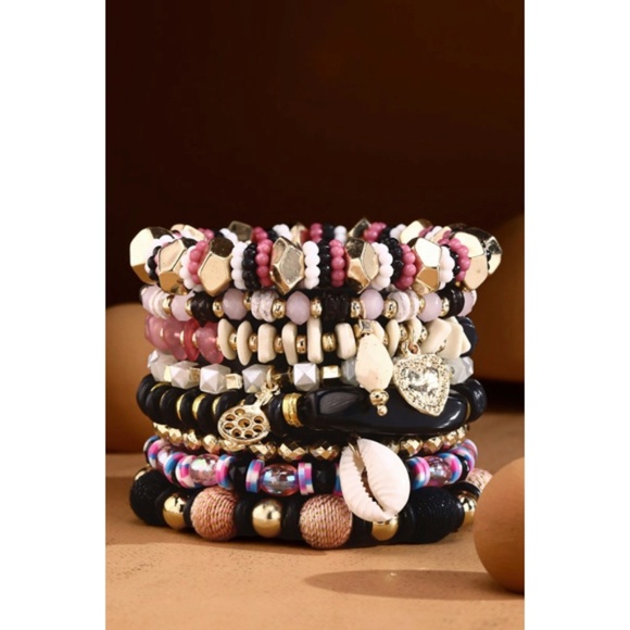 Pink 8-Strand Stretch Layered Bracelet Set w/ Cowrie Shell Charm - Picture 2 of 4